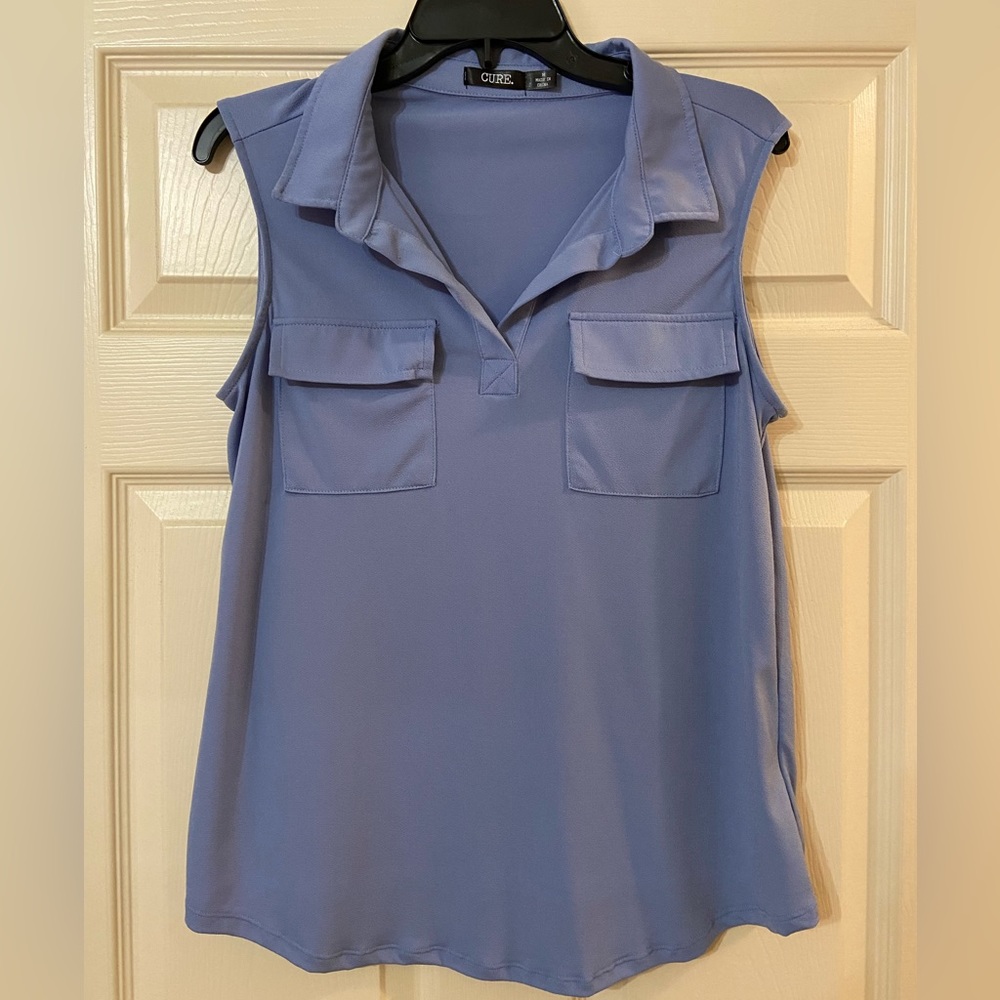 Like New Slinky Blue Blouse with Front Pockets
